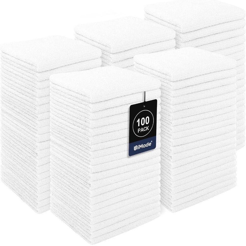 Highly Durable 100 Pack Microfiber Washcloths - Soft, Fast Drying, White Towels